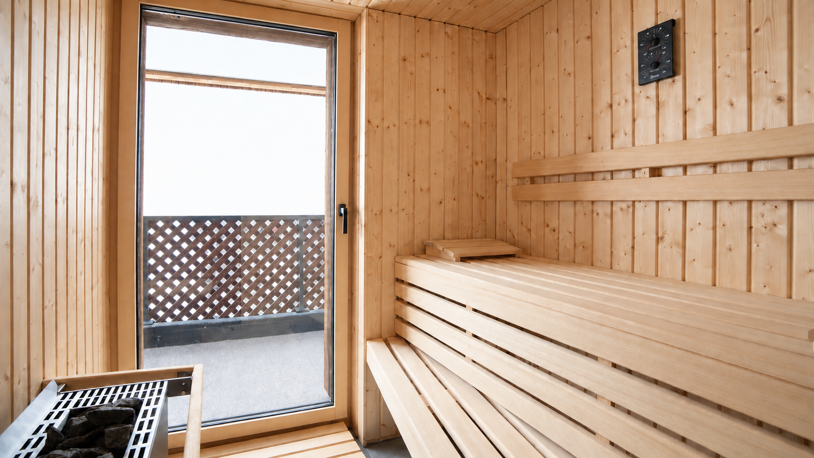 Light-filled wooden sauna at Navigare Resorts in Saas-Fee, with pale timber benches and a glazed door.